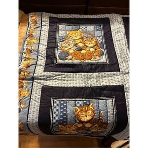 Kittens Cat Mice yarn nice quilt blue 40"x68"